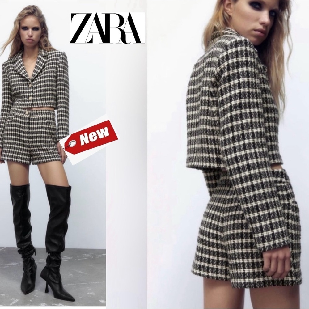 Zara black white textured woven tweed high waisted shorts Sz L NWT
